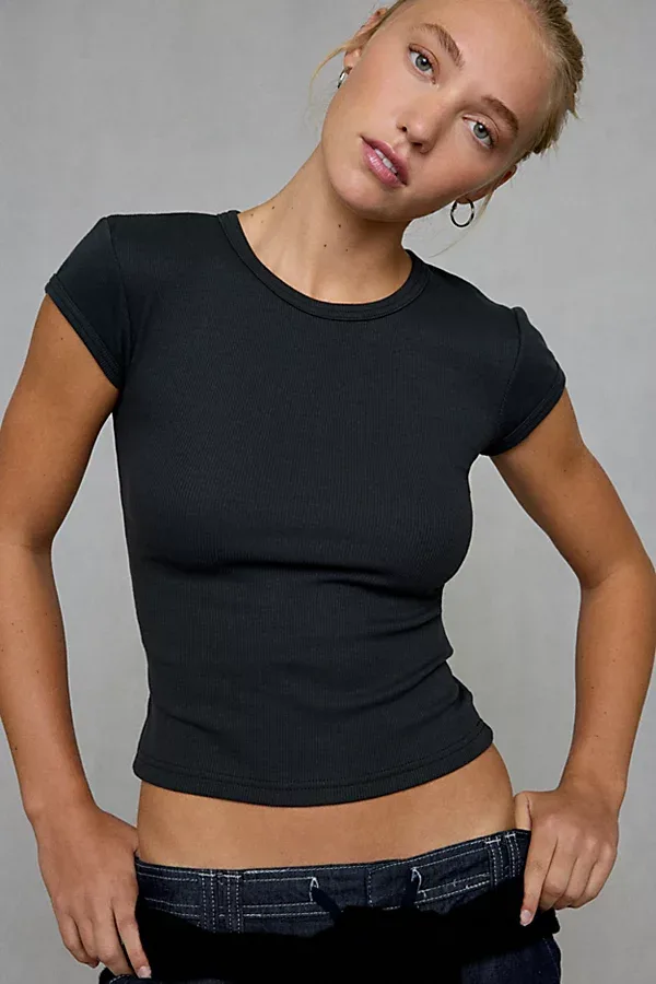 BDG Off-Duty Ribbed Crew Neck Short Sleeve Tee in Black, Women's at Urban Outfitters