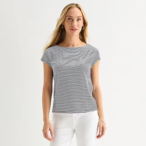 Liz Claiborne Womens Boat Neck Short Sleeve T-Shirt, Large, Blue