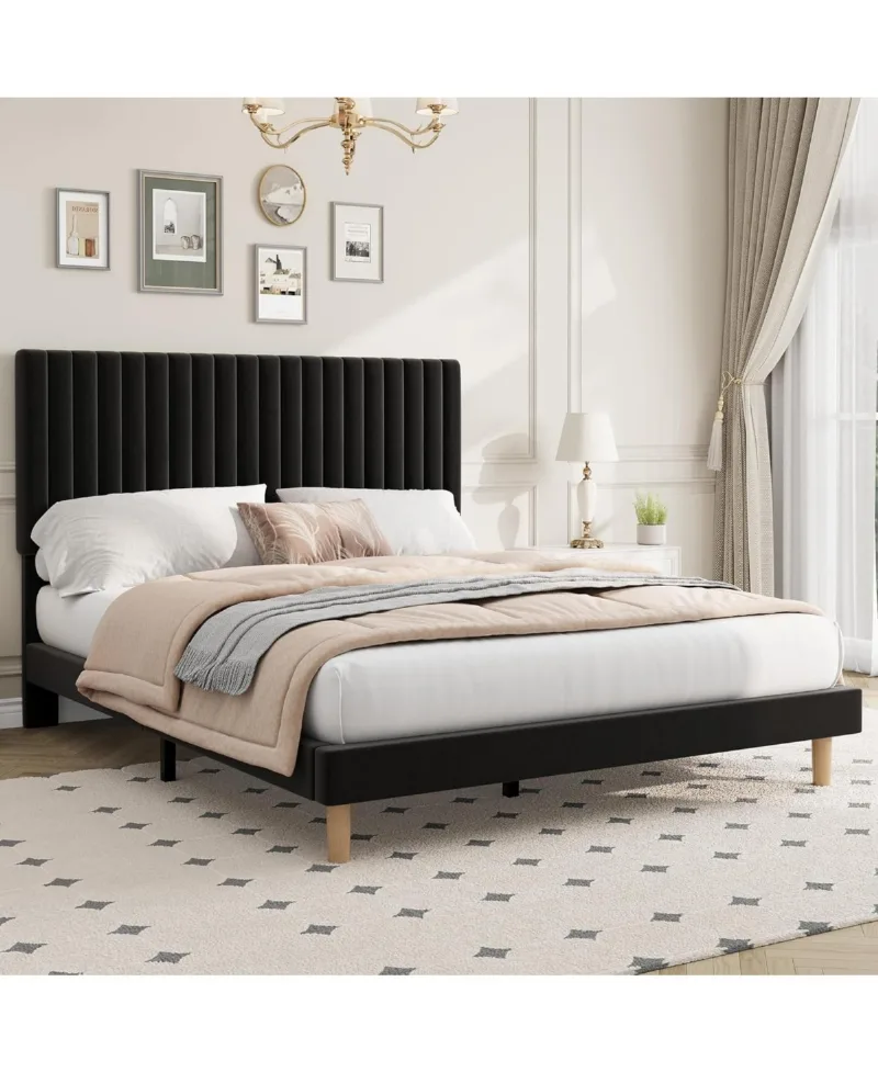 gaomon Bed Frame, Adjustable Height Headboard, Velvet Upholstered Platform Bed Frame, No Box Spring Needed, Easy Assembly - Black