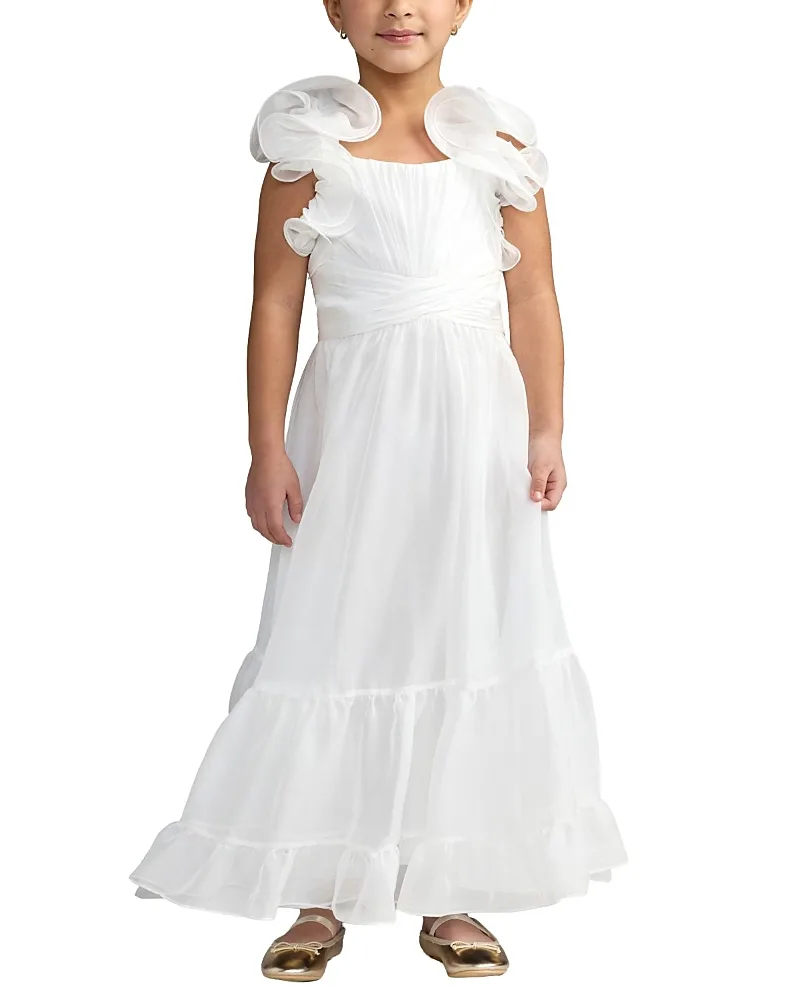 Mac Duggal Girls' Floral Chiffon Ruffle Shoulder Dress - Little Kid, Big Kid