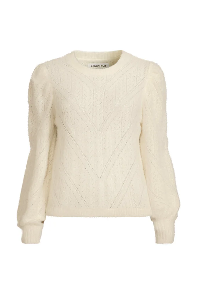 Women's Plus Size Eyelash Fuzzy Pointelle Puff Sleeve Sweater - Lands' End - Ivory - 2X