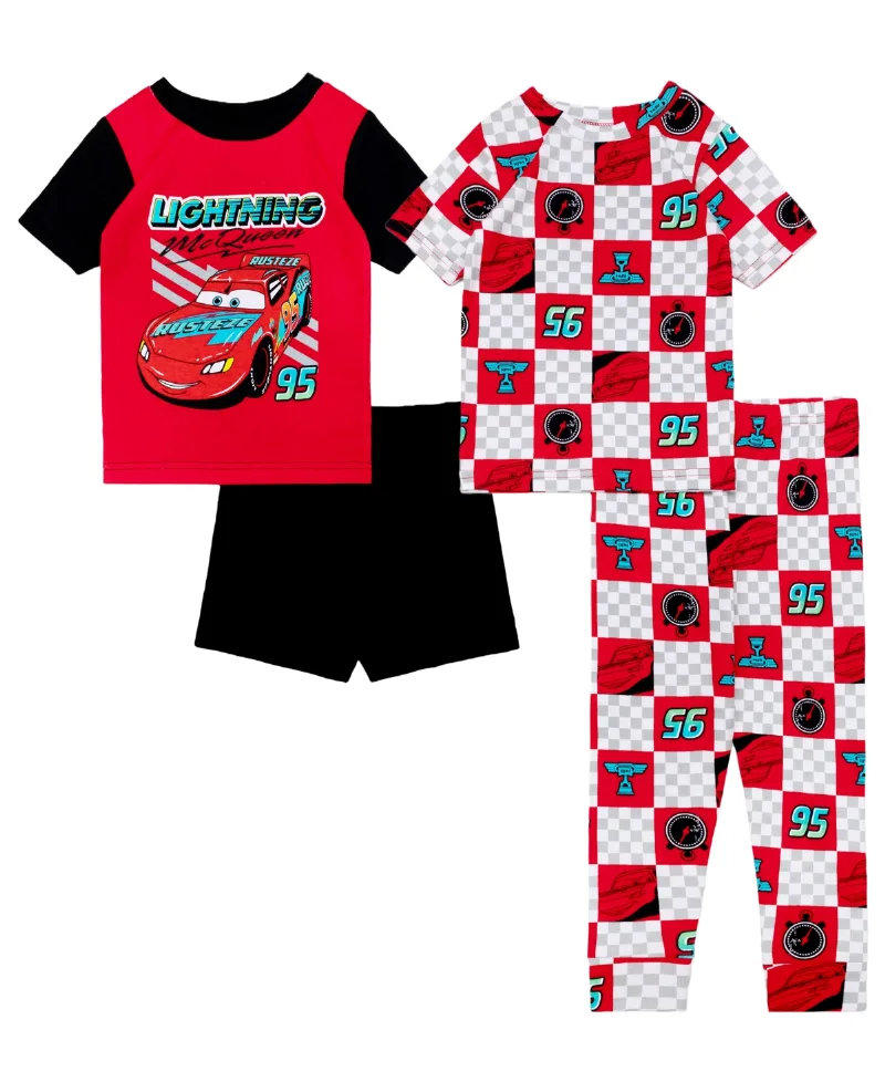 Cars Boys' Toddler 2T-4T McQueen Graphic Tops, Shorts, and Pants, 4-Piece Pajama Set - Red/Black
