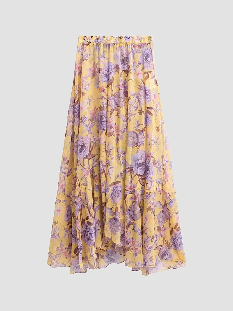 PatBO Women's Peony-Print Chiffon Maxi Skirt - Yellow - Size Medium