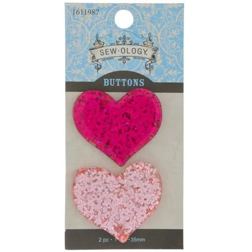 Pink - Glitter Heart Shank Buttons - 35mm