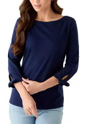 Kim Rogers Women's Petite 3/4 Tie Sleeve Shirt, Navy Blue, PS