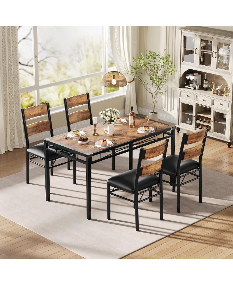 homfan Modern Dining Table Set for 2/4 - Space Saving Small Kitchen Table with Upholstered Chairs - Brown