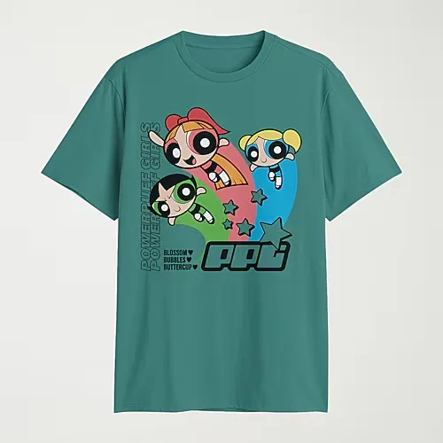 Novelty Mens Crew Neck Short Sleeve Regular Fit Powerpuff Girls Graphic T-Shirt, Large, Green