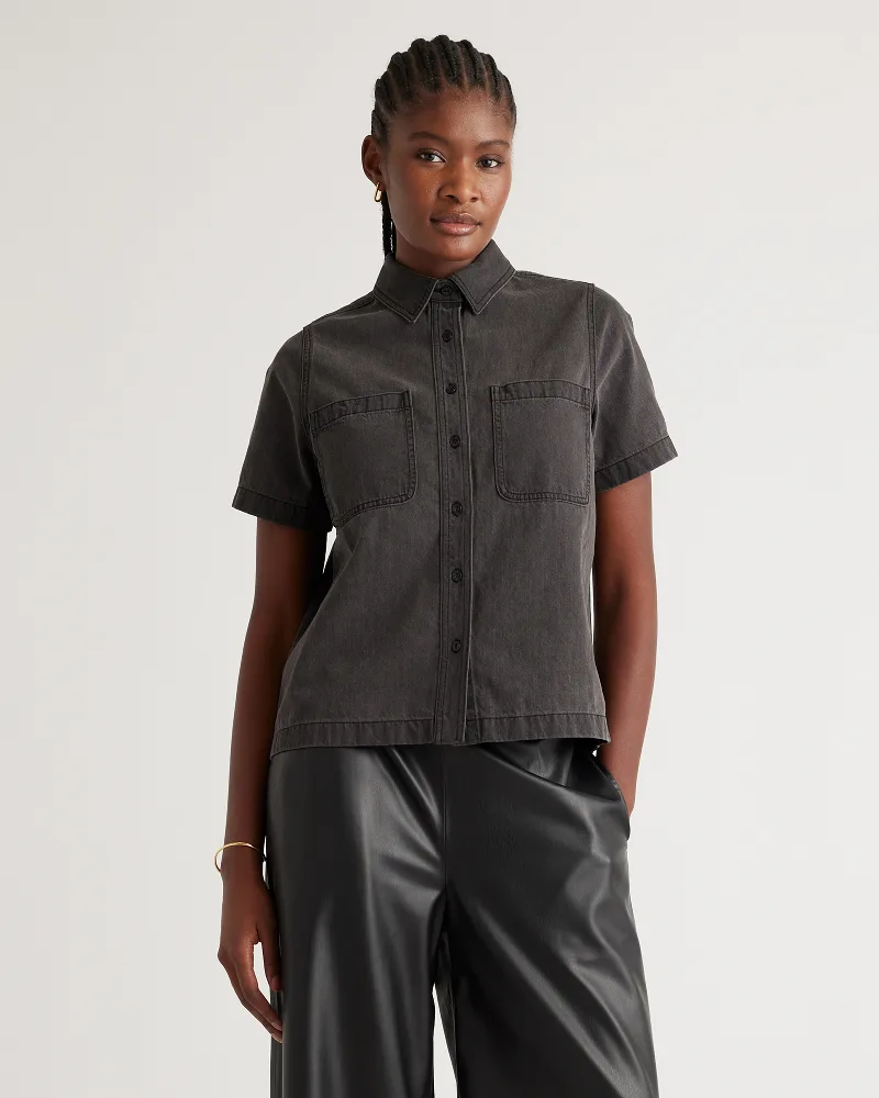 Quince | Women's Distressed Denim Short Sleeve Shirt in Washed Black, Size XS, Cotton