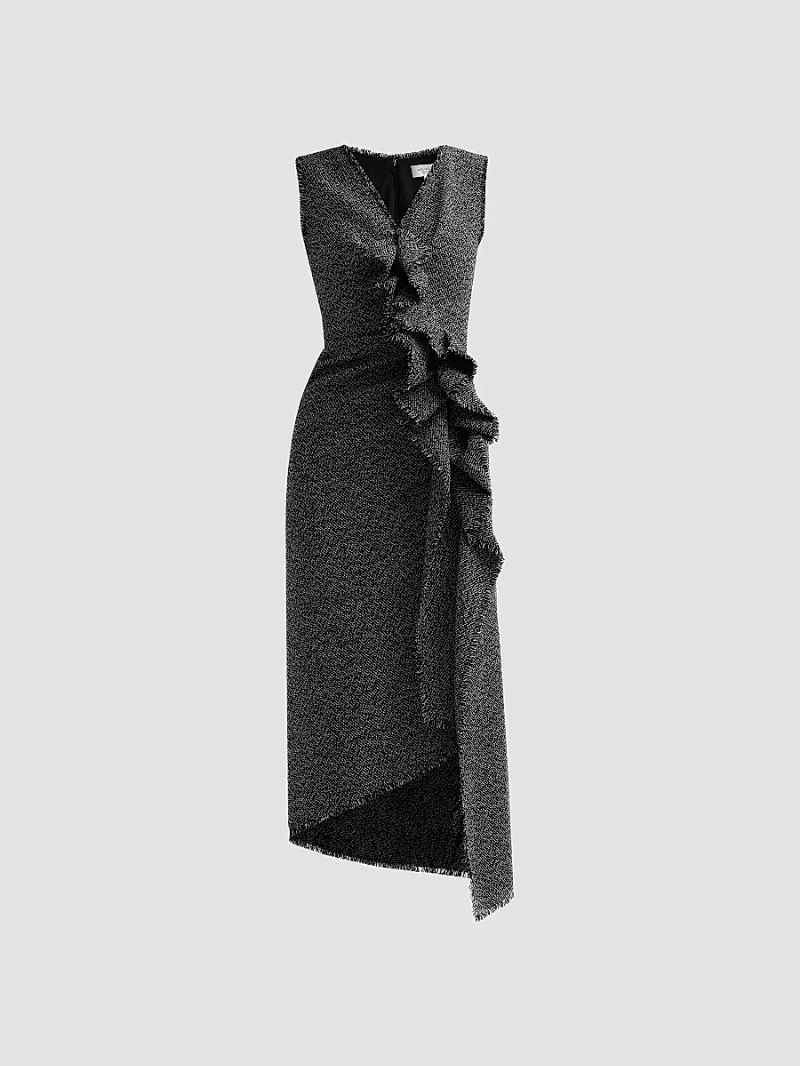 Michael Kors Collection Women's Frayed Ruffle Tweed Sheath Midi Dress - Black Ivory - Size 8