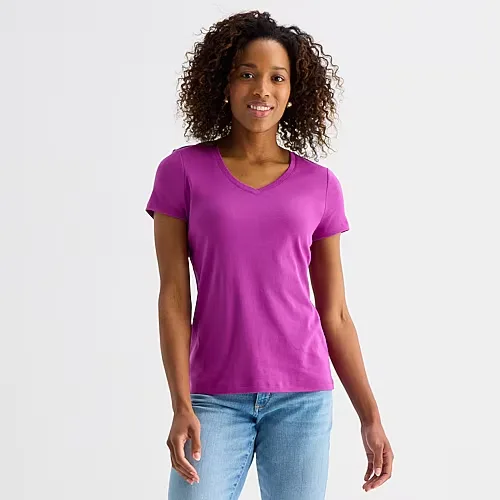 St. John's Bay Womens V Neck Short Sleeve T-Shirt, X-small, Purple