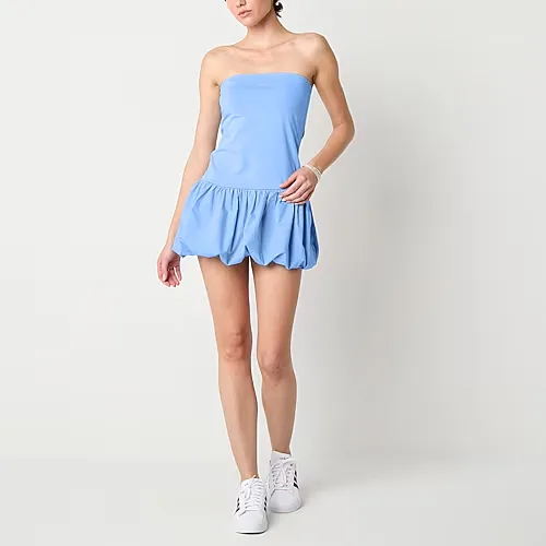 Arizona Bubble Hem Womens Juniors Sweetheart Neck Sleeveless Fit + Flare Dress, Large, Blue