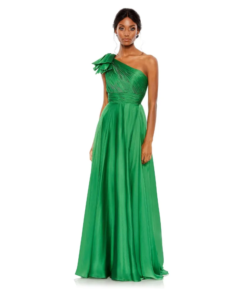 Women's Pleated One Shoulder Chiffon Gown - Emerald
