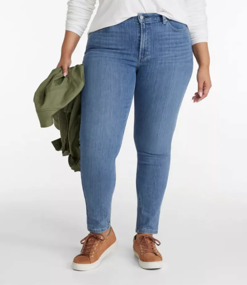L.L.Bean Women's BeanFlex Jeans, Mid-Rise Skinny-Leg Vintage Faded 24W, Denim/Leather L. L.Bean