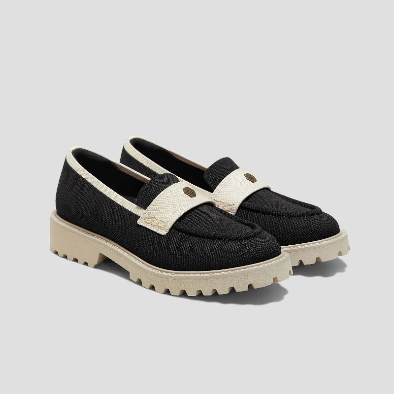 VIVAIA Round-Toe Platform Chunky Heel Loafers (Francesca)|BLACK CREAM IVORY|US 5.5