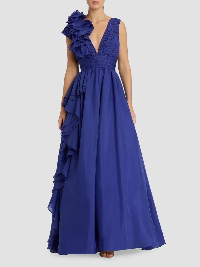 Mac Duggal Women's Ruffle Shoulder V-Neck Gown - Cobalt - Size 2