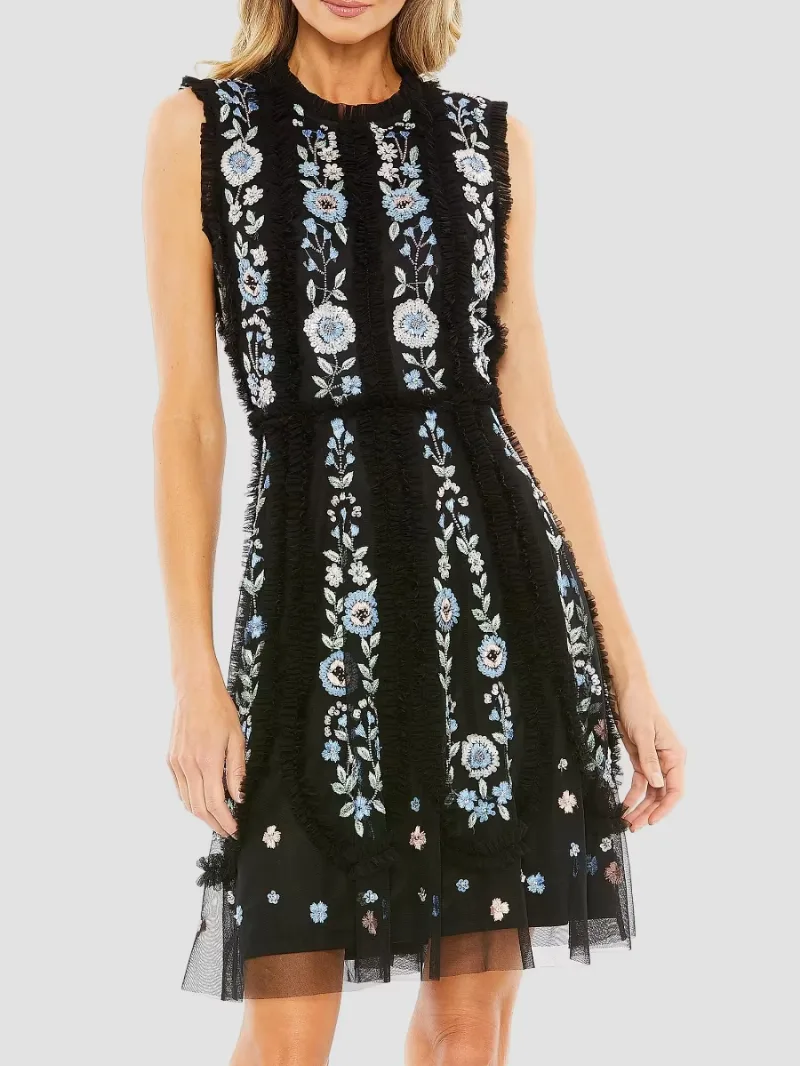 Mac Duggal Women's Mac Floral-Embroidered Chiffon Minidress - Black - Size 6