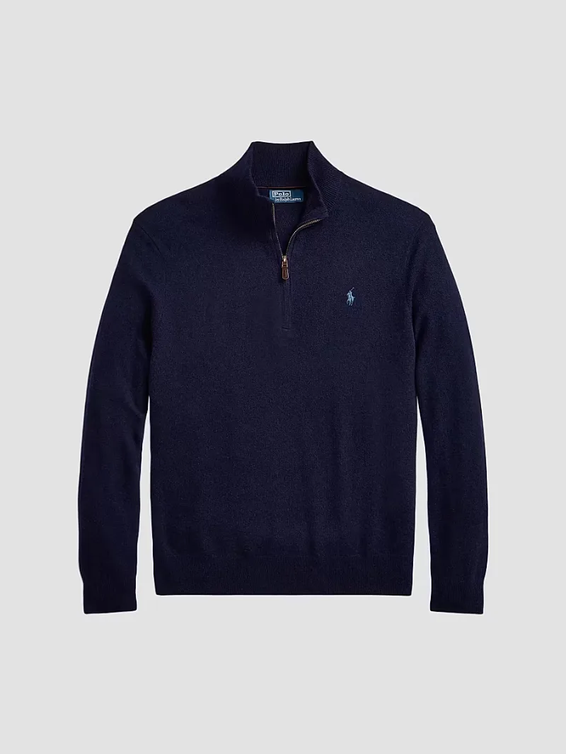Polo Ralph Lauren Men's Logo Wool Quarter-Zip Sweater - Hunter Navy - Size Small
