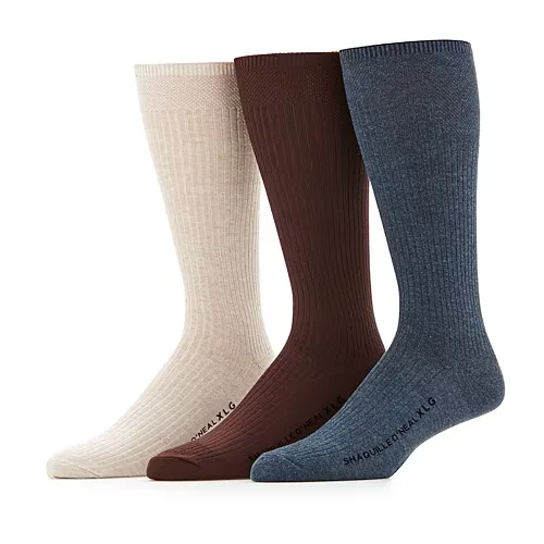 Shaquille O'Neal XLG Lux Rib Mens 3 Pair Big and Tall Crew Socks, 13-15, Blue