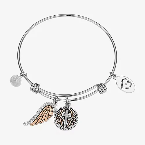 Footnotes Faith Womens Crystal Stainless Steel Angel Cross Wing Bangle Bracelet, One Size