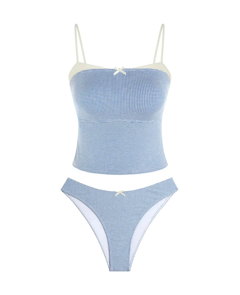 ZAFUL Cute Tankini Swimsuits for Women Retro Y2K High Cut Two Piece Bathing Suit 2026 Beach Swimwear Gingham Blue Medium