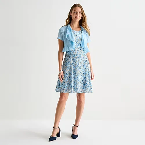 Perceptions Womens Embroidered Floral Jacket Dress, Petite X-large, Blue
