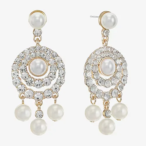 Monet Jewelry Gold Tone Halo Womens Glass Simulated Pearl Round Hypoallergenic Chandelier Earrings, One Size, White