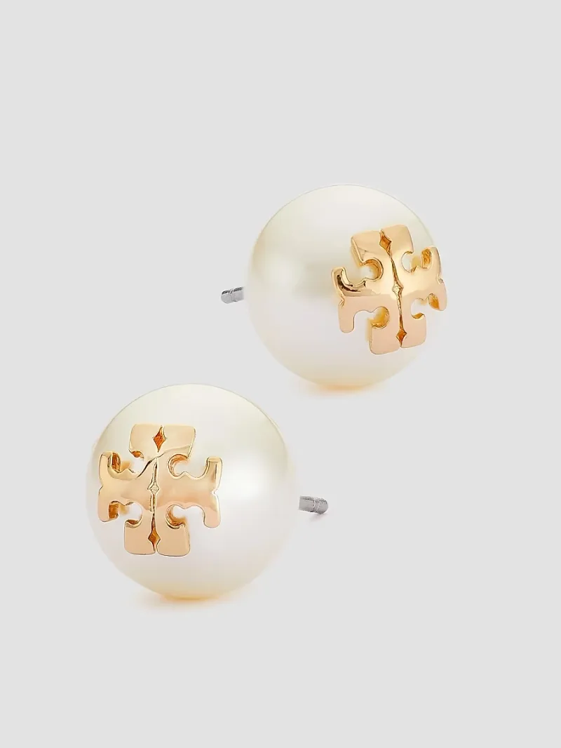 Tory Burch Women's Crystal-Pearl Yellow Goldtone Logo Stud Earrings - Ivory