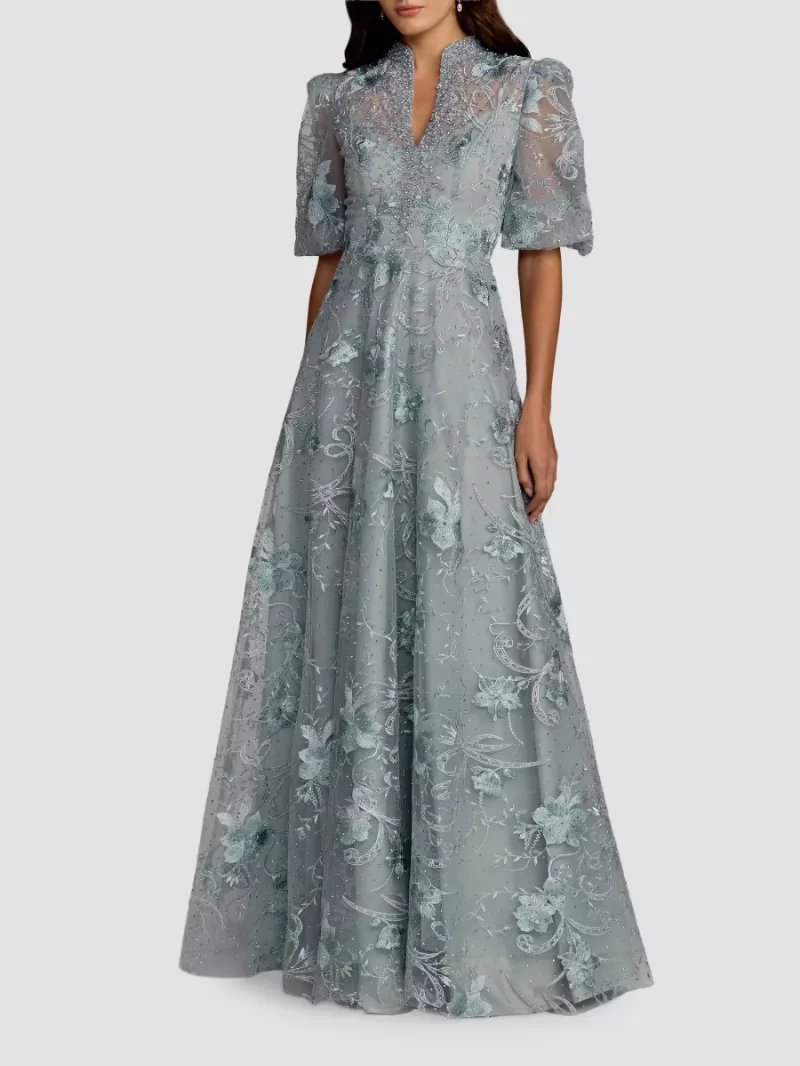 Mac Duggal Women's Floral-Embroidered Puff A-Line Gown - French Blue - Size 16