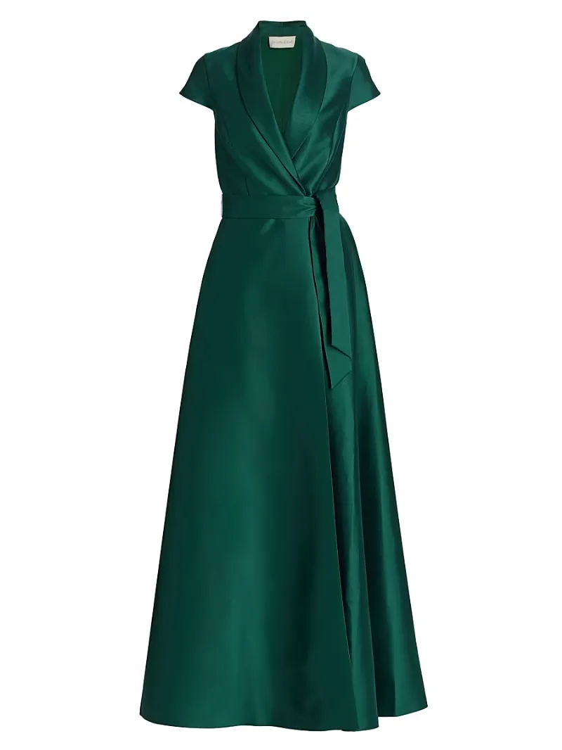 Women's Etienne Shawl Collar Wrap Gown - Forest Green - Size 0