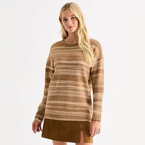 A.N.A Womens Crew Neck Long Sleeve Striped Pullover Sweater, X-small, Brown