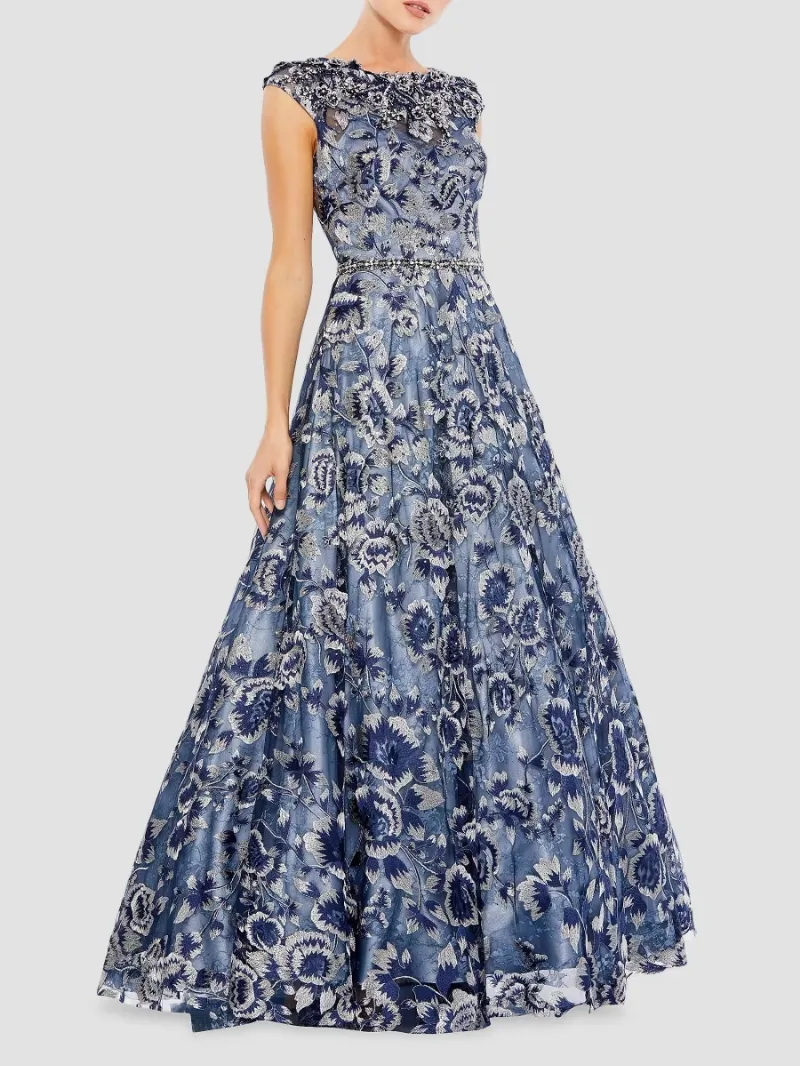 Mac Duggal Women's Embellished Cap-Sleeve High-Neck Gown - Stormy Blue - Size 6