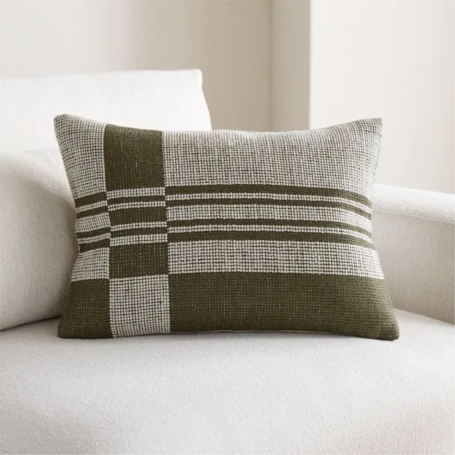 Wool/Linen Plaid 22"x15" Burnt Green Throw Pillow with Down-Alternative Insert