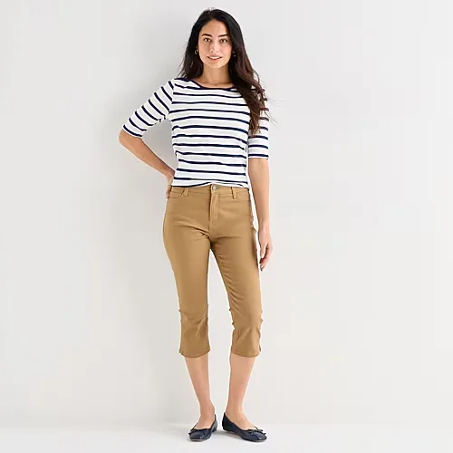 St. John's Bay Womens Secretly Slender Mid Rise Capri Jean, 16 Petite, Beige