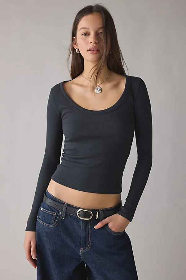 BDG Off-Duty Ribbed Scoop Neck Long Sleeve Tee in Black, Women's at Urban Outfitters