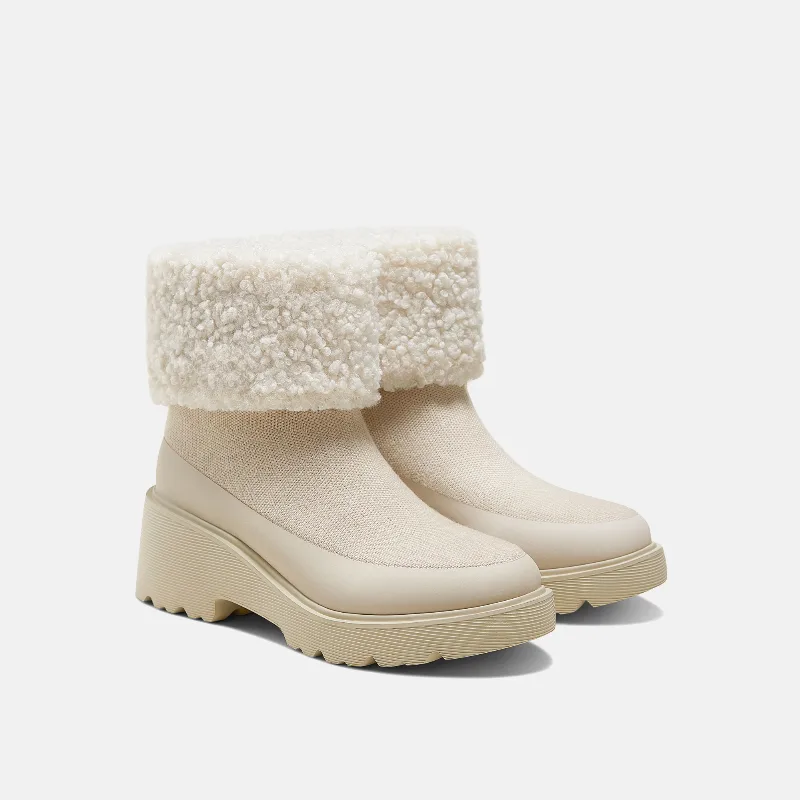 VIVAIA Faux Fur Platform Chunky Wedge Boots（Elaine）|CREAM IVORY WOOL|US 5