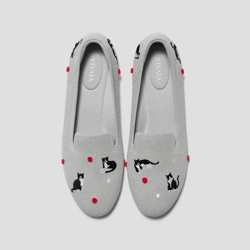 VIVAIA Round-Toe Embroidered Loafers (Audrey)|OYSTER GREY-TUXEDO CATS|7-7.5