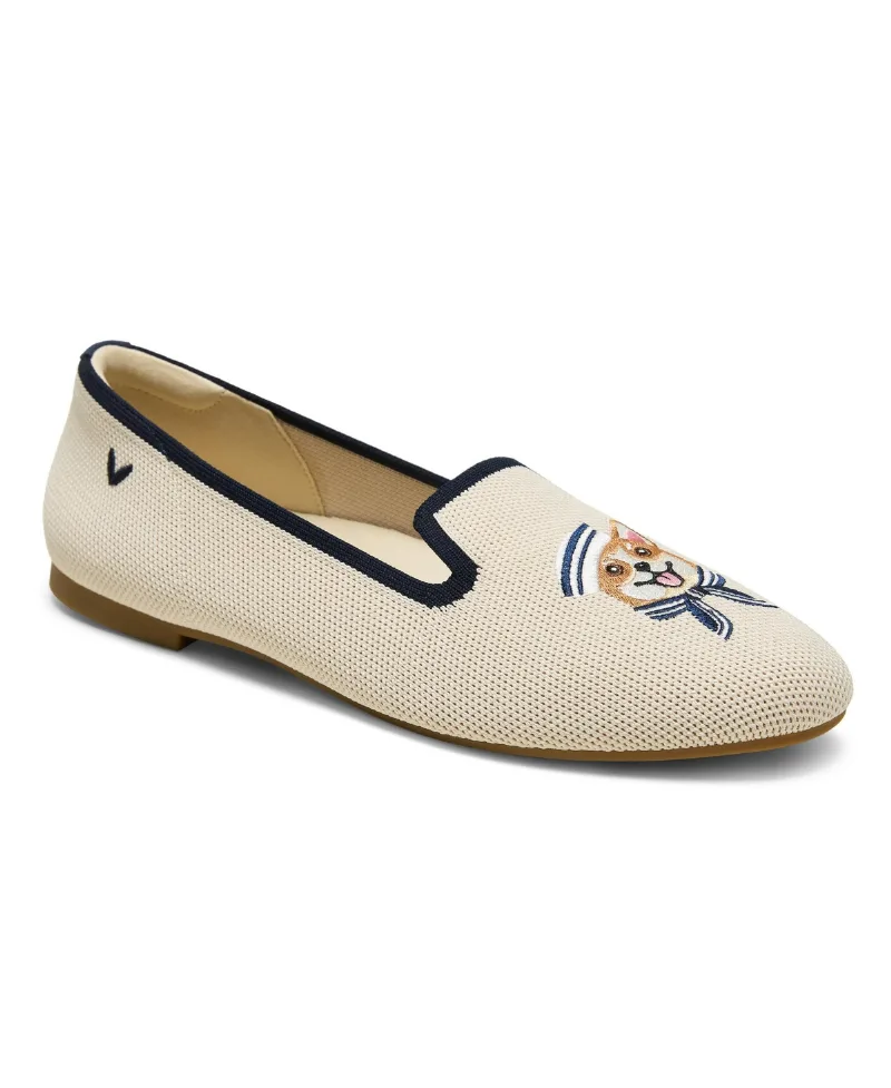 Vivaia Women's Audrey Round-Toe Slip-On Embroidered Loafers - Cream ivory/navy-sailor corgi