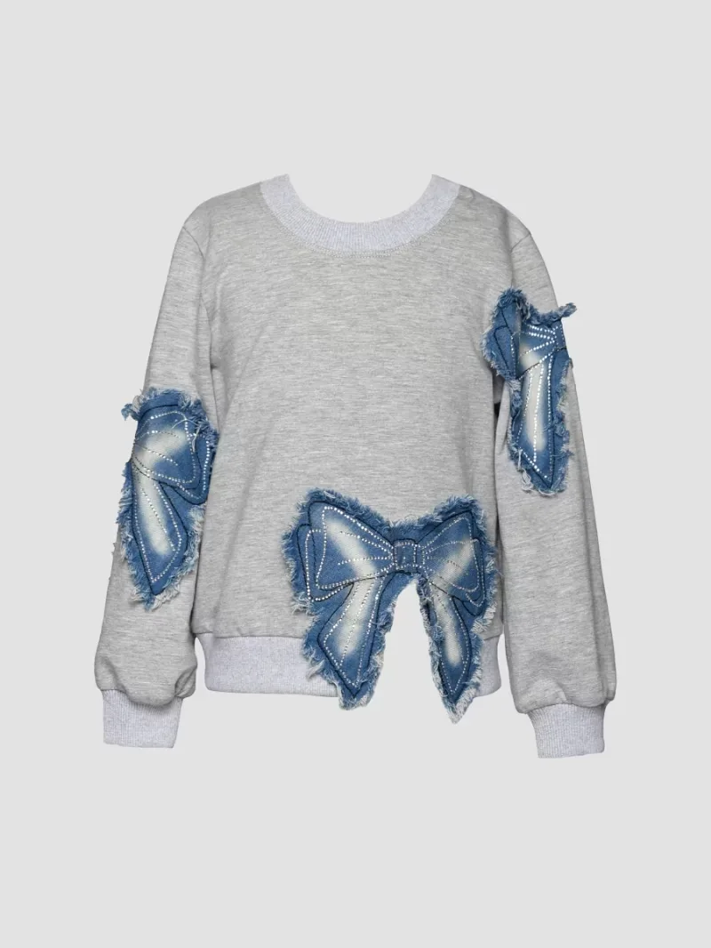 Girl's Little Girl's & Girl's Denim Bow Patch Sweatshirt - Gray - Size 7