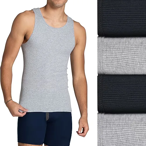 Fruit of the Loom Premium Cotton Mens Round Neck Sleeveless 4 Pack Tank, Large, Black
