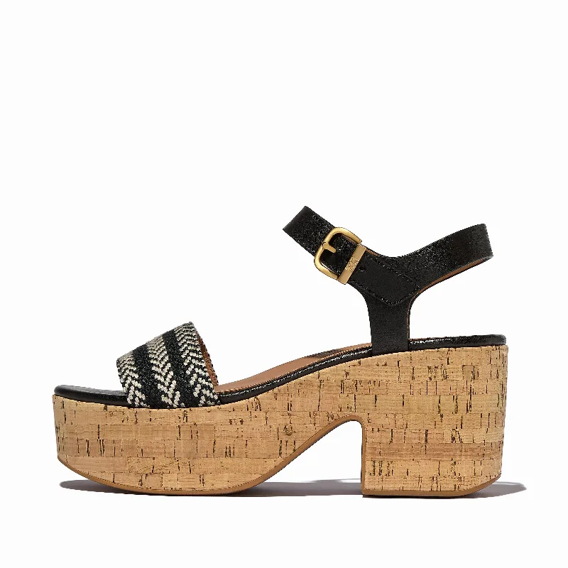 PLATFFORMS V-Weave/Cork Heeled Ankle-Strap Sandals