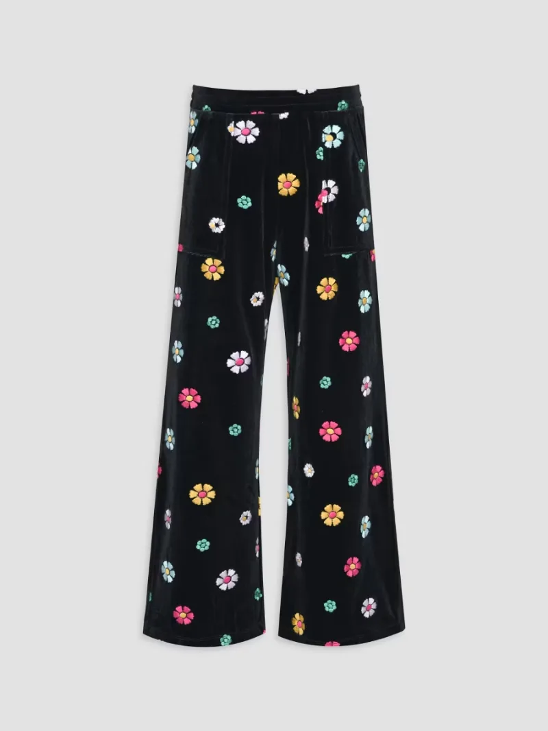 Girl's Little Girl's & Girl's Floral-Embroidered Velour Wide-Leg Pants - Black - Size 7