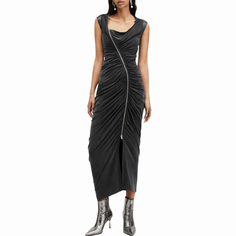 AllSaints Umbra Asymmetric Ruched Dress in Black at Nordstrom Rack, Size 6