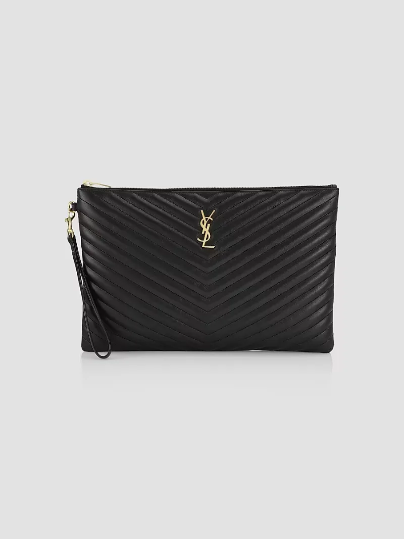 Saint Laurent Women's Logo Matelassé Leather Pouch - Nero