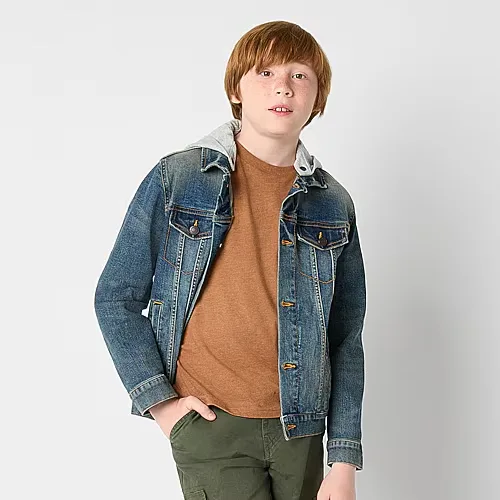 Thereabouts Little & Big Kid Boys Denim Hooded Midweight Trucker Jacket, Medium (10-12), Blue