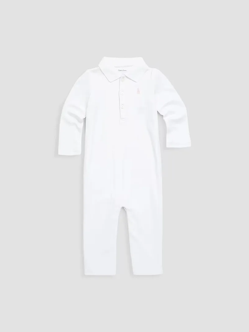 Baby Girl's Cotton Polo Coverall - White - Size 12 Months