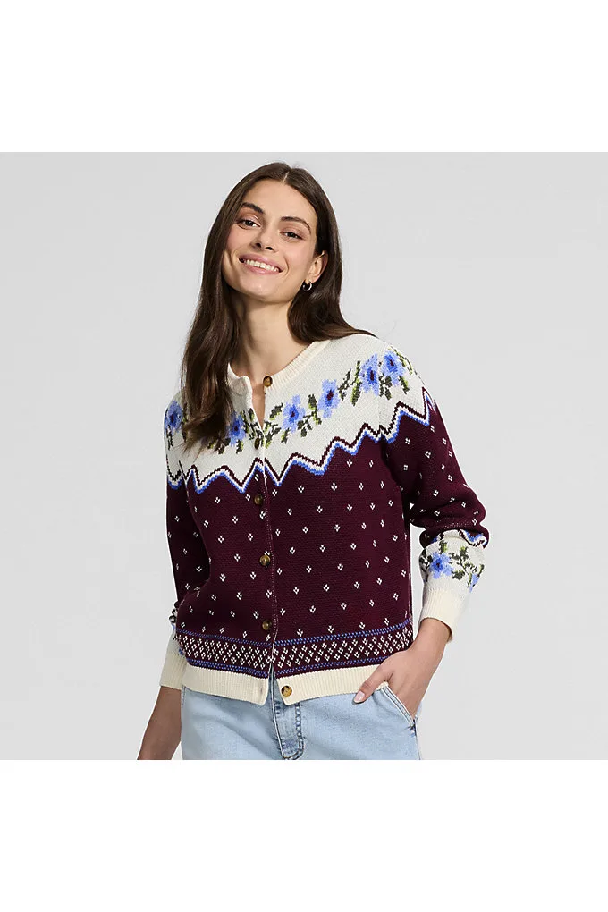 Women's Drifter Jacquard Cardigan Sweater - Lands' End - Red - L