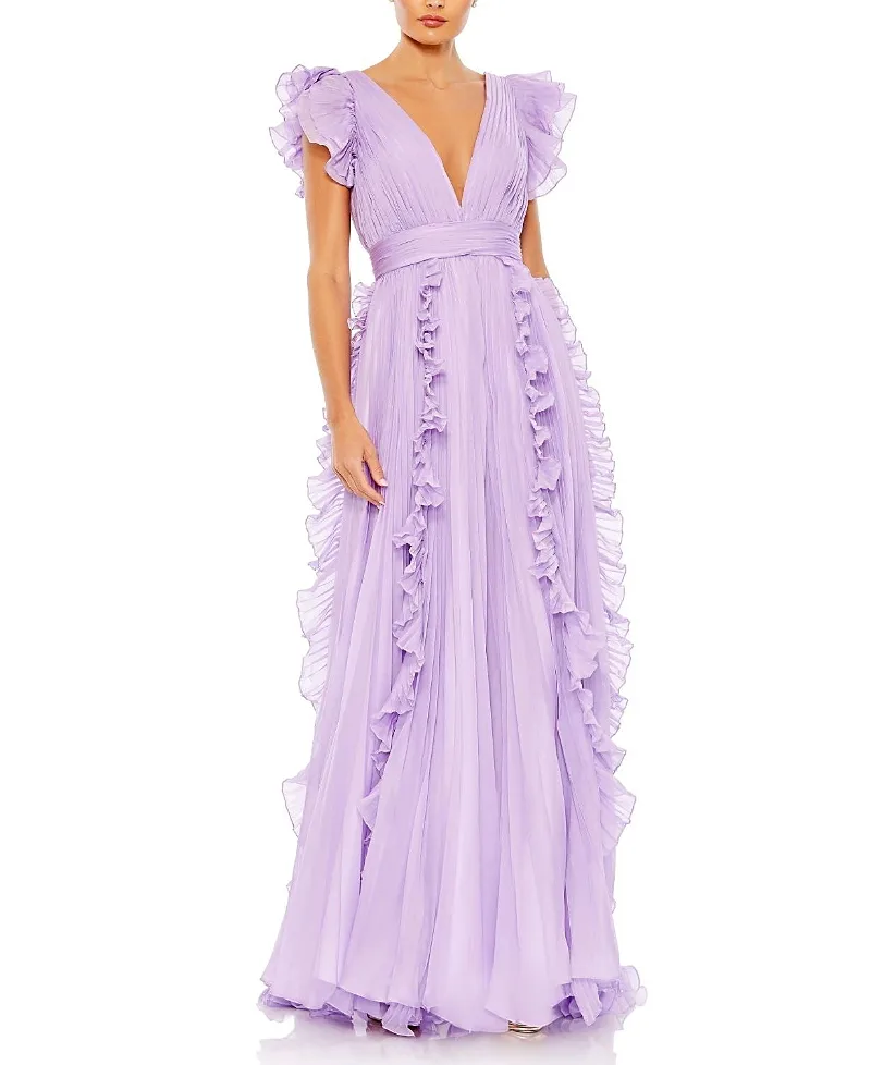 Mac Duggal Pleated Ruffle Cap Sleeve Flowy A Line Gown