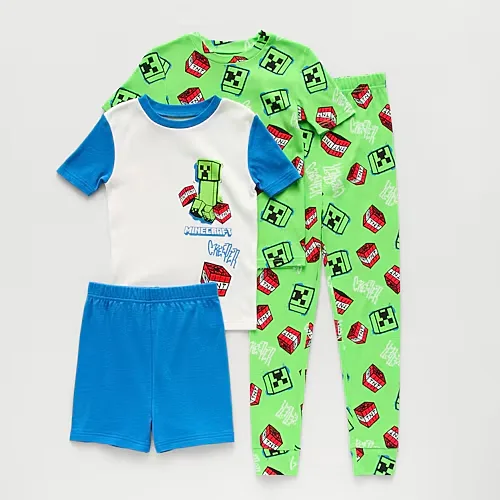 Little & Big Kid Boys Minecraft Crew Neck Short Sleeve 4-pc. Pajama Set, 10, Green