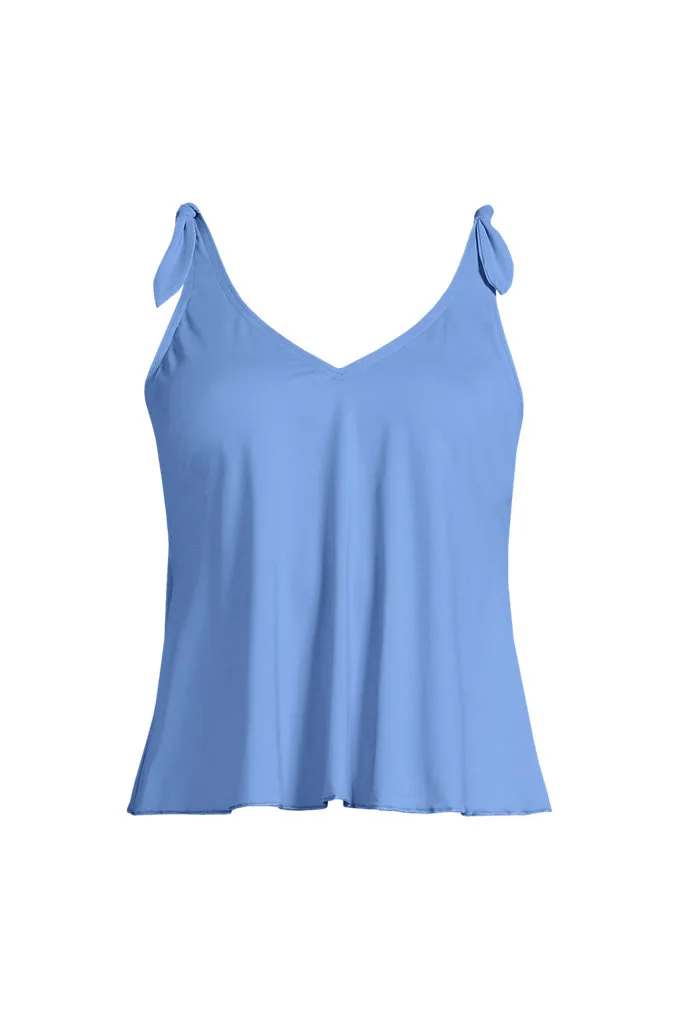 Women's Long Torso Tie Shoulder Flutter Tankini Top - Lands' End - Blue - 4