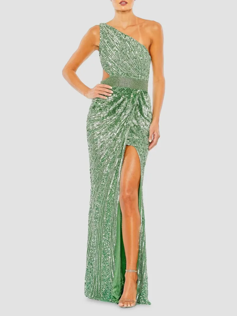 Mac Duggal Women's Sequined One-Shoulder Lace-Up Gown - Sage - Size 8